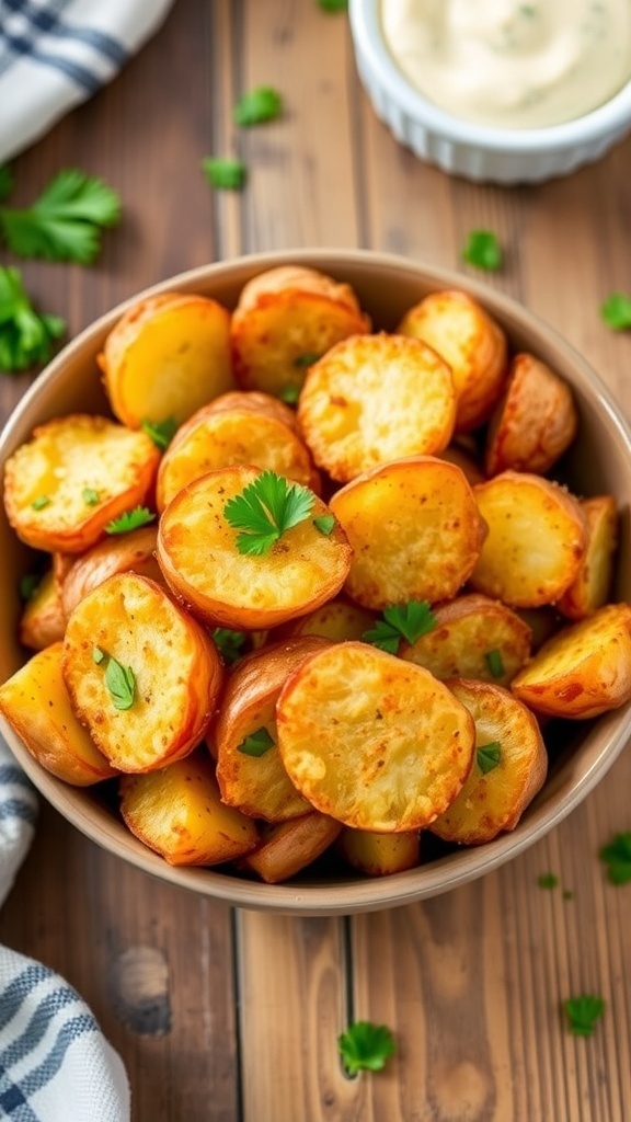 Crispy air fryer ranch potatoes in a bowl, garnished with parsley, on a rustic table with dipping sauce.